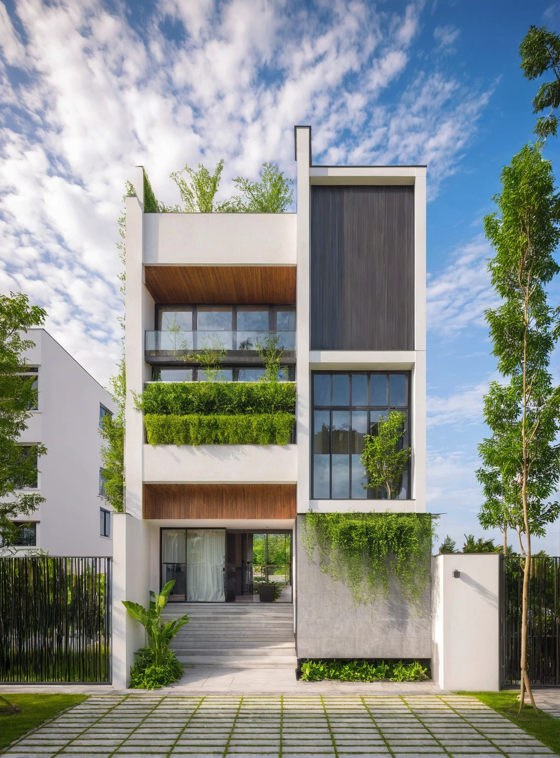 Masterpiece, high quality, best quality, authentic, super detail, outdoors, house style modern, bietthuhn, white wall, glass windows, gate road, pavement, grass, trees, Beautiful_sky, SUNSET, (day:1.1), realistic lighting