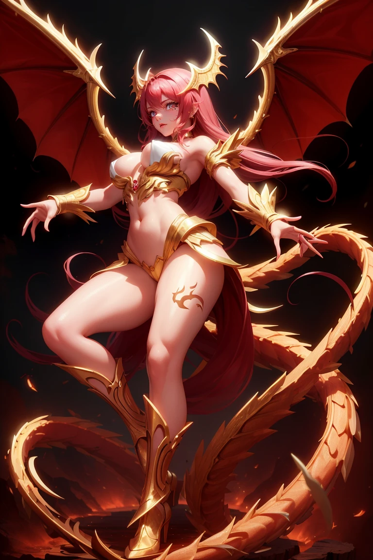 golden dragon girl with wings, perfect hands, golden shine, fictional figure body hands on waist