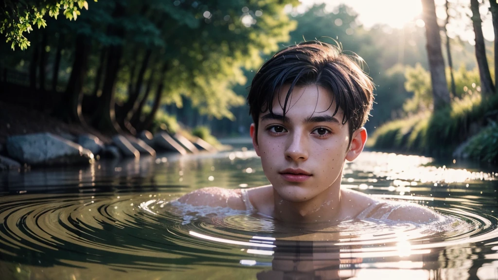 Close-up portrait of a cute young French man 19 years old (gldot) bathe in a river, Of, (backlighting), realist, Masterpiece, of the highest quality, Lens flare, shadow, Bloom, [[chromatic aberration]], digital paint.