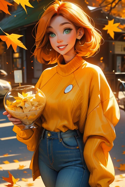 Perfect face, Perfect hands. An orange haired woman with green eyes and an hourglass figure in a yellow sweater and jeans is spinning in a flurry of autumn leaves with a big smile