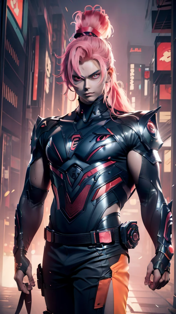 (masterpiece) finest quality, ultra-detailed, ultra-realistic, 20 year old men, piercing glace, cyberpunk outfit, 1 red/pink eye, 1 orange eye, both eyes glowing, glowing eyes, futuristic tokyo background, night time, tokyo on fire, rainy weather, long hair, 