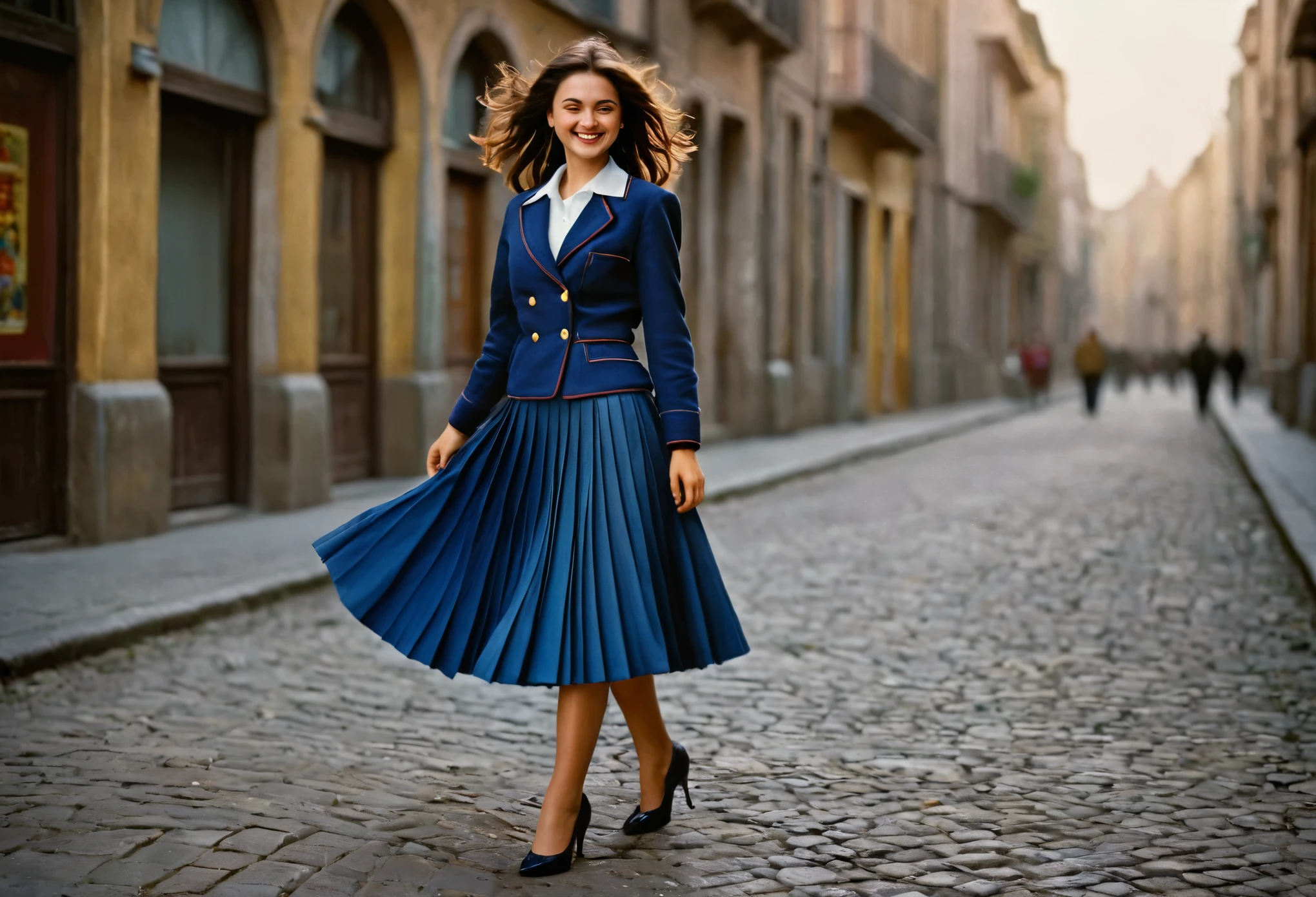 A smiling, authentic, (shy:1,3), kind, beautiful woman, is passionately in love with her skirt, wind wildly lifts her skirt, wearing uniform jacket and very, very detailed (long (fully pleated) full circle skirt) and (low heeled court shoes), very, very intricate hyper-detailed symmetric (attractive graceful young feminine face) with (sad, tired eyes and a loving smile), very voluptuous breasts, full of empathy and compassion and love, (pronounced (feminine) features), (highly detailed ultra accurate realistic) hands and fingers, (windy), epic composition, highly detailed attributes, (35mm f1.4 Kodak portra 400 photograph), extremely high quality RAW photograph, highly detailed atmosphere, sci-fi, cinematic shot, dynamic lighting, 75mm, Technicolor, Panavision, cinemascope, sharp focus, fine details, 8k, HDR, realism, realistic, key visual, film still, superb cinematic color grading, depth of field