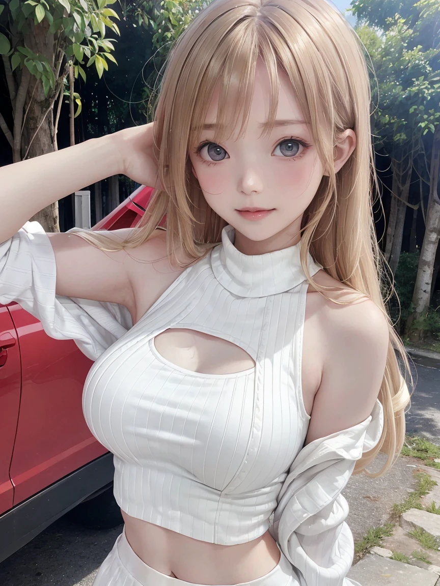 masutepiece, Best Quality, Photorealsitic, finely detail, hight resolution, 8K Wallpapers, Perfect dynamic composition, Beautiful detailed eyes, large full breasts, Random and sexy poses,Bring your chest together、(Very Small Size Mock Neck Crop Tank Top White Knitwear)、(Breast bulge 1.2)、A smile、open open mouth、Resort scenery、20years old、(Drooping eyes 1.4)、Adult beauty、blonde hair, Russian