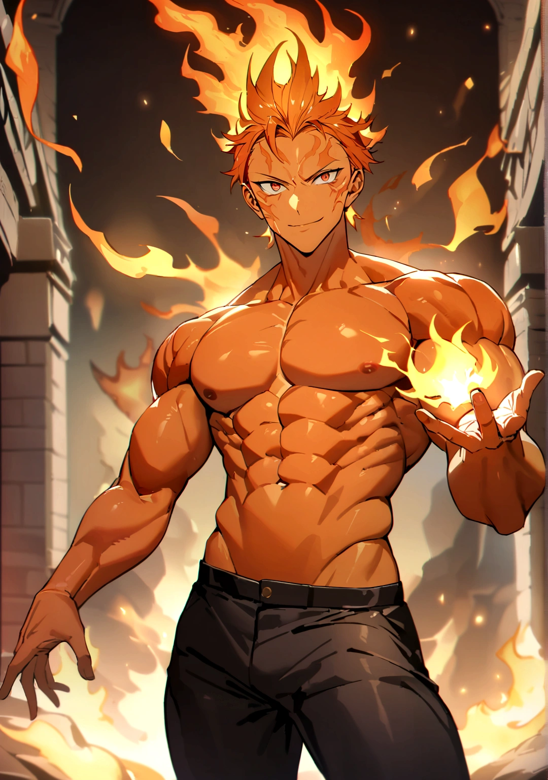 masterpiece, Top quality, 16k uhd, Stand, 1 male fire genasi with orange skin, Fire Wizard, no top, Free upper body, Six-pack muscles, muscular physique, elegant black trousers, fiery burning flame hair, Fire Mage, a swirling fireball hovers above his left hand, Magical setting, Confident Pose, devilish smile. highly detailed facial and skin texture, detailled eyes, square eyebrows, Amber eyes with sparks, fine facial features, chiseled jawline, Shiny orange skin with smoky undertones