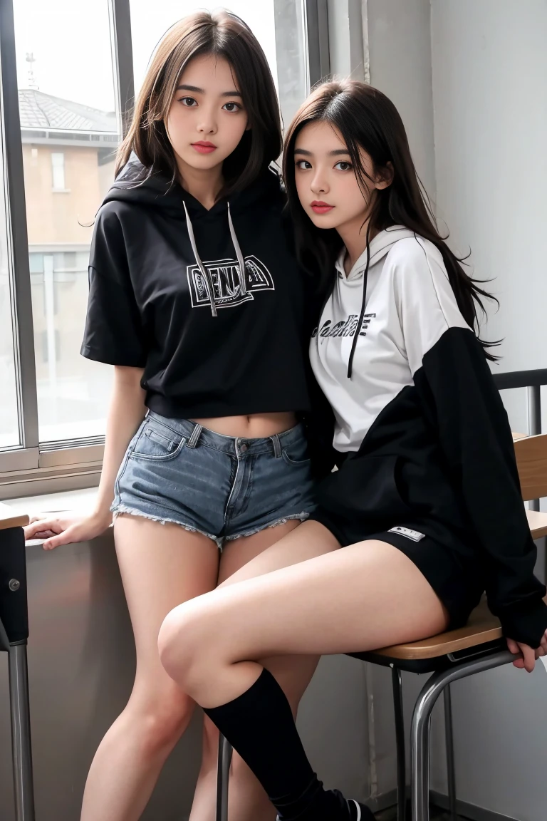 deux femmes ensemble de 18 ans sexy et mince , black short sleeve hoodie , salle de classe, se touche,position sey,sensuel
