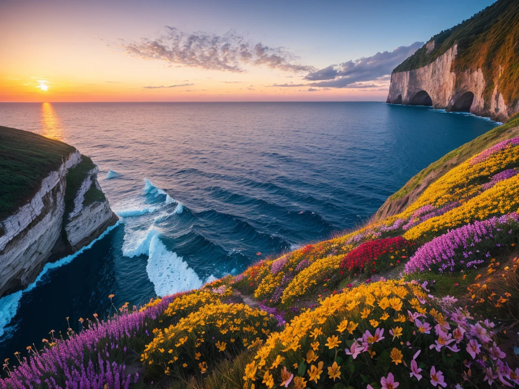 nature, Detailed lighting, Sea of Flowers, Sky, Sunset, breeze, Fallen Leaves, cliff, The most beautiful place on earth