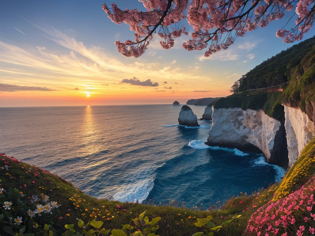 nature, Detailed lighting, Sea of Flowers, Sky, Sunset, breeze, Fallen Leaves, cliff, The most beautiful place on earth