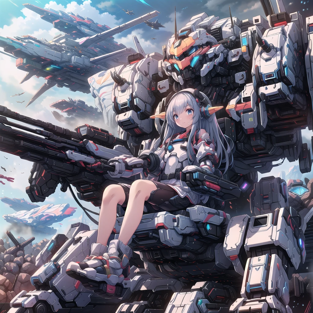 (masterpiece:1.2), best quality, high resolution, extremely detailed CG, absurdres, highres, Sci-fi world where a girl in bodysuit sits inside a machine with giant robot arms and legs on a battlefield, and the girl holds the lever of the machine,Colorful portraits