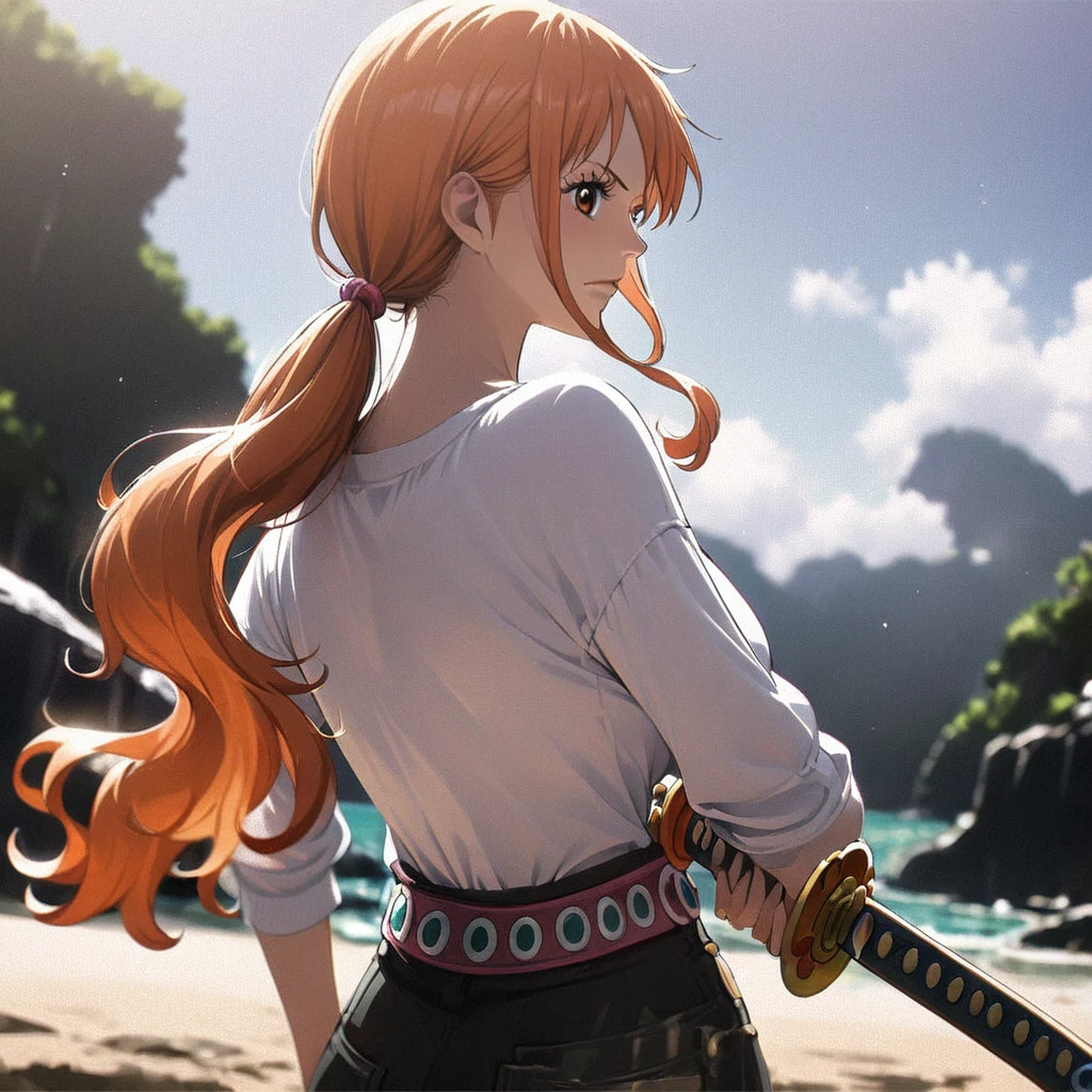 masterpiece, best quality), intricate details, 1 girl, woman, orange hair, nami \ (one piece\), (long hair), shirt, white shirt, female focus, clothes, wearing swimsuit, nature, scenery, upper body, ((front view)) ((close up shot)) ((solo)) ((hair over one eyes)) detailed, very high resolution, no blurry image, full body, orange eyes, sligh wavy hair, ((nami from one piece)) ((female nami from one piece)), holding katana, (((low ponytail)) Along with luffy 