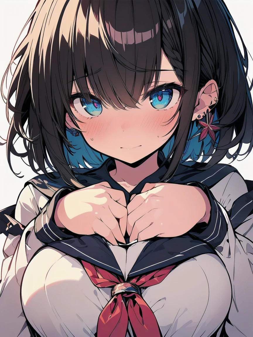 (best quality), (Super detailed), (Best Illustration), (masterpiece), (woman), hands on own chest, {(white serafuku:1.2)}, (large breasts:1.2), {brown hair, (sideburns), (bob cut:1.3), curly hair, hairs between eyes, colored inner hair}, {(detailed eyes), blue eyes}, embarrassed, blush, earring, wind, white background