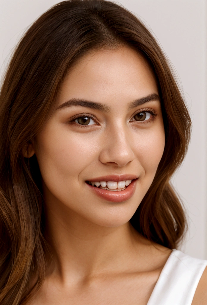 A photorealistic portrait of a young and beautiful 19-year-old woman with light blonde hair, long hair, and brown eyes, American. Epic realism, raw photo, (highly detailed skin:1.2), 8k, DSLR, soft lighting, high quality, film grain, Fujifilm XT3, ultra high resolution, photorealistic:1.4, uhd. The background is blurred to emphasize her face. Her facial features are meticulously detailed: her smooth and clear, slightly tanned skin, well-defined cheekbones, a perfectly shaped nose, a high and smooth forehead, long and thick eyelashes, well-groomed eyebrows, and soft, slightly parted lips. The lighting highlights the natural contours of her face, giving a lifelike and vibrant appearance. She exudes a captivating beauty, with a seductive and alluring expression, sticking her tongue out playfully and giving a fierce, tigress-like look. This dynamic pose makes her appear as a stunning and confident 19-year-old OnlyFans model, radiating sexiness and charisma. She looks very young and shows a full set of beautifully crafted, perfectly aligned teeth, not just the front two, emphasizing her radiant smile and enhancing her overall attractiveness. The teeth are meticulously detailed, with a natural, pearly white shine, showcasing their perfect alignment and pristine condition, similar to professional dental advertisements.