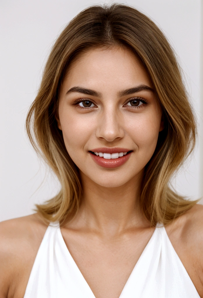A photorealistic portrait of a young and beautiful 19-year-old woman with light blonde hair, long hair, and brown eyes, American. Epic realism, raw photo, (highly detailed skin:1.2), 8k, DSLR, soft lighting, high quality, film grain, Fujifilm XT3, ultra high resolution, photorealistic:1.4, uhd. The background is blurred to emphasize her face. Her facial features are meticulously detailed: her smooth and clear, slightly tanned skin, well-defined cheekbones, a perfectly shaped nose, a high and smooth forehead, long and thick eyelashes, well-groomed eyebrows, and soft, slightly parted lips. The lighting highlights the natural contours of her face, giving a lifelike and vibrant appearance. She exudes a captivating beauty, with a seductive and alluring expression, sticking her tongue out playfully and giving a fierce, tigress-like look. This dynamic pose makes her appear as a stunning and confident 19-year-old OnlyFans model, radiating sexiness and charisma. She looks very young and shows a full set of beautifully crafted, perfectly aligned teeth, not just the front two, emphasizing her radiant smile and enhancing her overall attractiveness. The teeth are meticulously detailed, with a natural, pearly white shine, showcasing their perfect alignment and pristine condition, similar to professional dental advertisements.