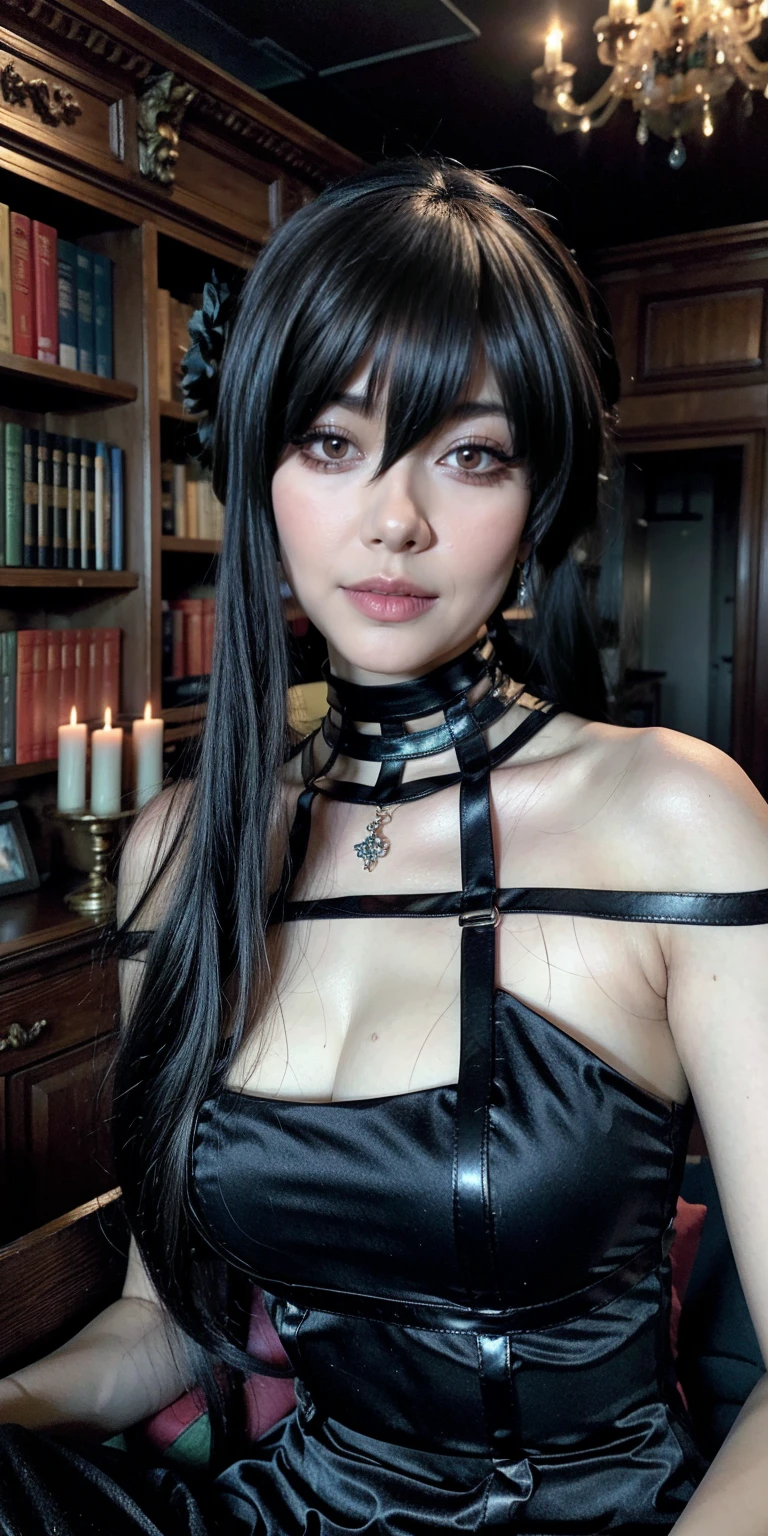 Hyper realistic super detailed sexy Yor Briar, expressions faciales sexy, seductive facial expressions, [:(Face detail: 1.4): 0.4], 16K resolution, 4k resolution, (Ventre plat parfait), (image couleur), BREAK I. Outfit: black satin lingerie, g string, neck chocker, high-heeled boots. sexy. 
II. Venue: Gothic castle, dark and mysterious atmosphere, dim lighting with chandeliers, library full of old grimoires, mirrors framed with magical motifs, incense-scented candles, mystical mist floating in the air.
III. Decoration: Gothic ambiance, dim lighting with violet and blue lights, refined furniture with touches of black and silver, black velvet drapes, mirrors adorned with witchcraft motifs, lavender-scented candles, BREAK, looking at viewer, masterpiece, best quality, highly detailed, desire, blush, (Beautiful and detailed eyes description), (beautiful and detailed face), Perfect female body, (Best Quality), (ultra-detailliert), (masuter piece), (hight resolution), (Original), (the Extremely Detailed CG Unity 8K Wallpapers)
