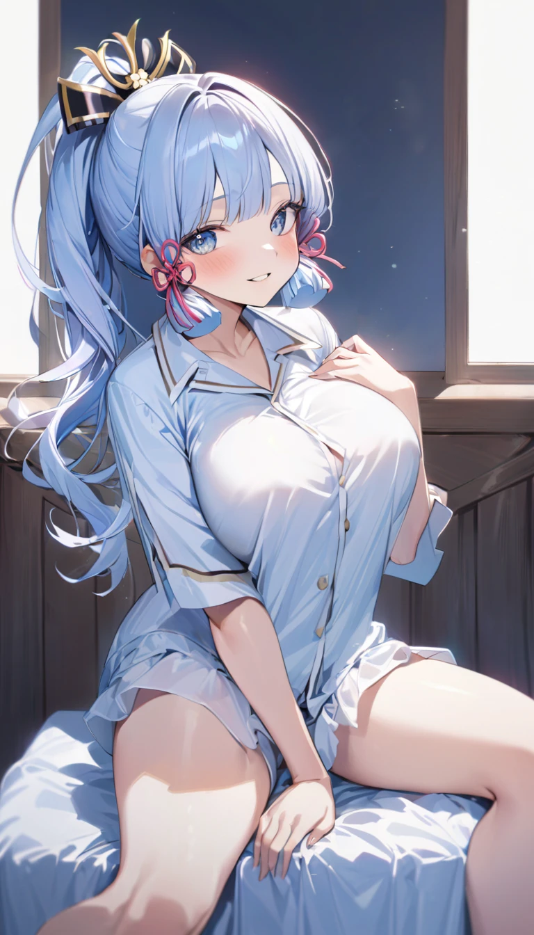 Ayaka, Blue long hair, Pretty Face,Smile,Close to hip, Giant breasts, Sitting on the bed, Wearing beautiful white pajamas, (open mouth:0.4),illustration,Detailed texture(Realist),Extremely detailed,Portrait Style,Bright colors,Soft lighting, blush, Mature, No, Flying hair, Breast tenderness