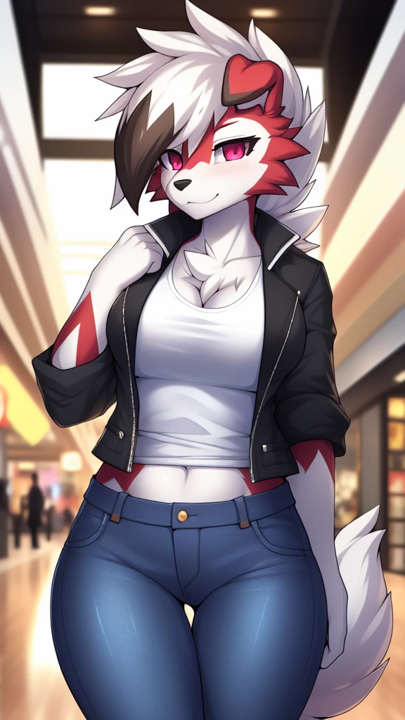By zinfyu,by twistedscarlet60, uploaded on pixiv, by fluff-kevlar, (masterpiece), (best quality), (solo female:1.2), (extremely detailed:1.3),(detailed eye,black circle on eye,pink eye), lycanroc midnight, view on viewer, close view, shy face, half body on potrait, only body and head, close view, closeup photo of lycanroc, wearing a shirt for women crop v neck top white t-shirt korean fashion women t with a tight open gray color jacket, wearing jeans, at mall