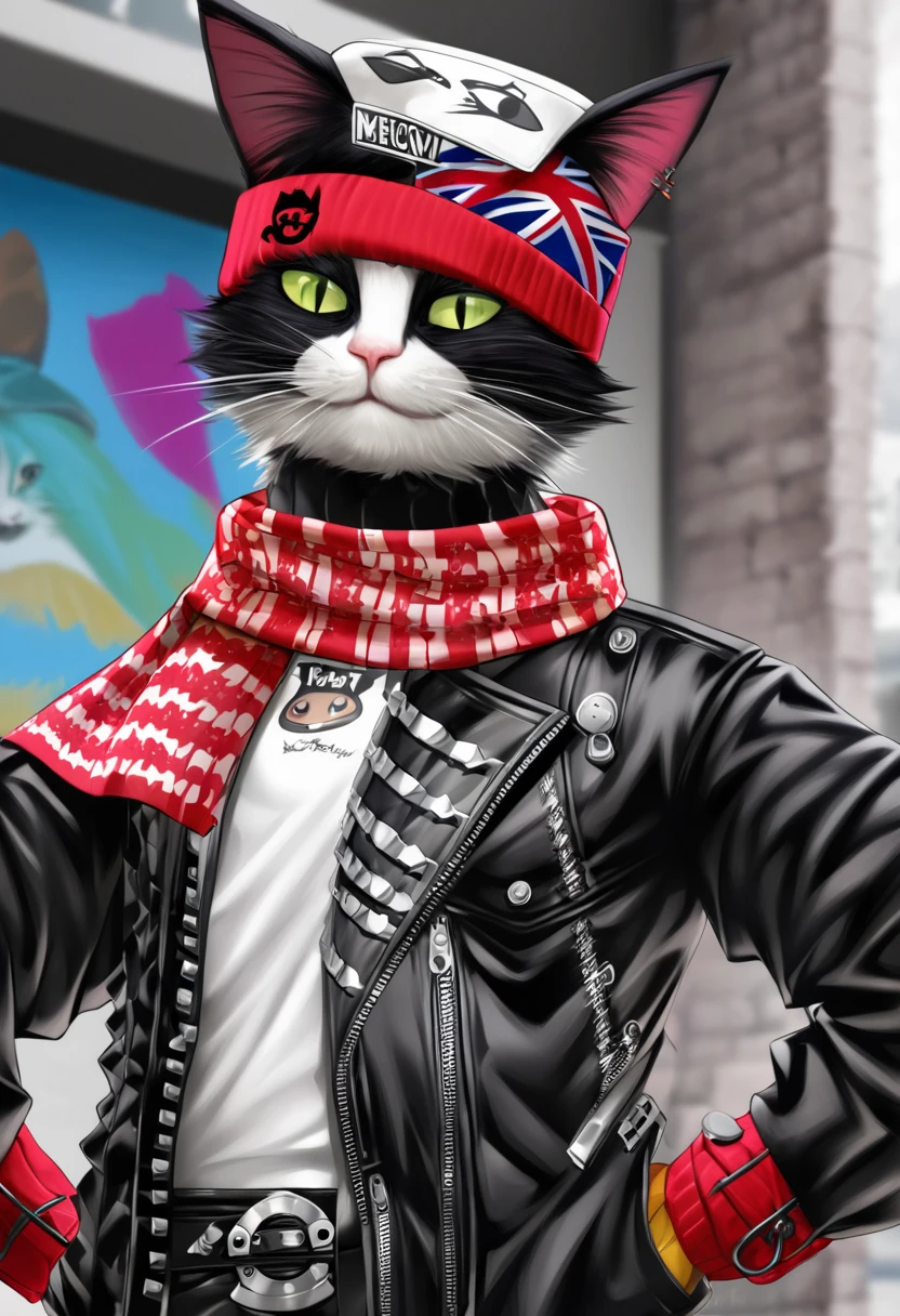 a painting of a cat wearing a hat and scarf, trending in the art station, dressed in punk clothes, detailed hyper realistic rendering, british gang member, street style, intimidating pose, planet of the cats, clothes with fashion, urban samurai, meow, west slavic features, 8 1 5