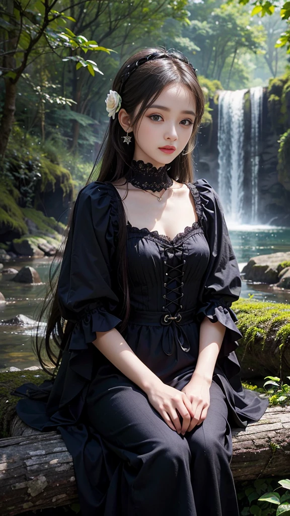 The banks of a large waterfall、Lolita Fashion、pretty girl、16-year-old girl、Sitting on a thick branch、I see a small star、Flowers around、Deep in the forest、Perfect lighting、Sharp focus、High resolution、High resolution、High color rendering、High resolution、Ultra-realistic、Photo Real 、((Highest quality)), ((masterpiece)), Gothic、Bold colors and patterns, Eye-catching accessories, Fashionable and innovative hairstyles, Bright makeup, ((beautifully、Aesthetically beautiful))