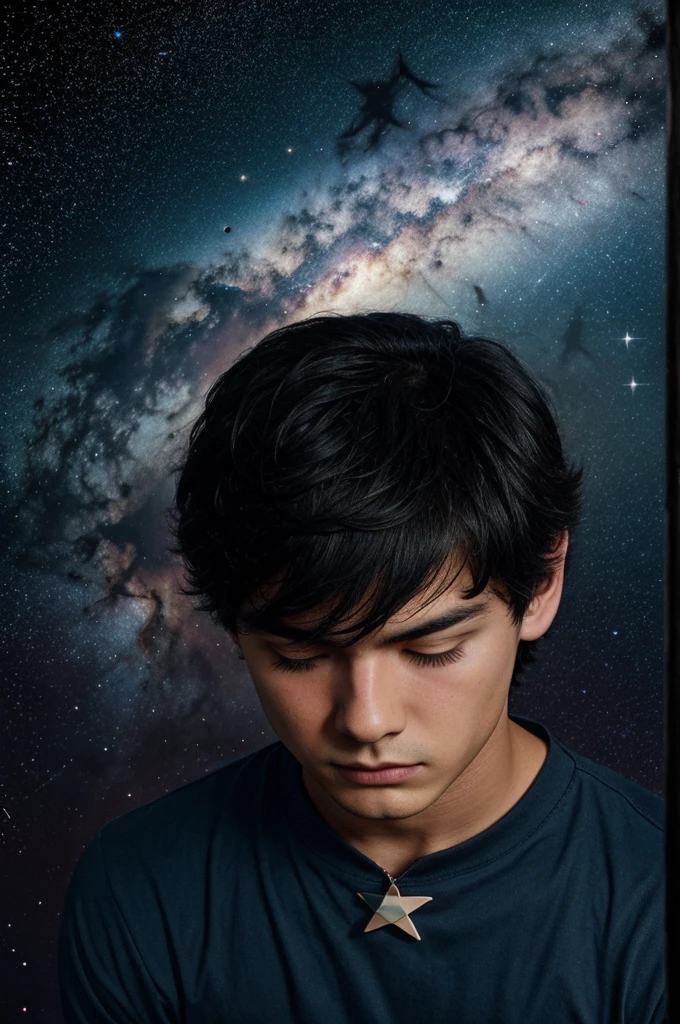 Rose, stars , sad boy , space