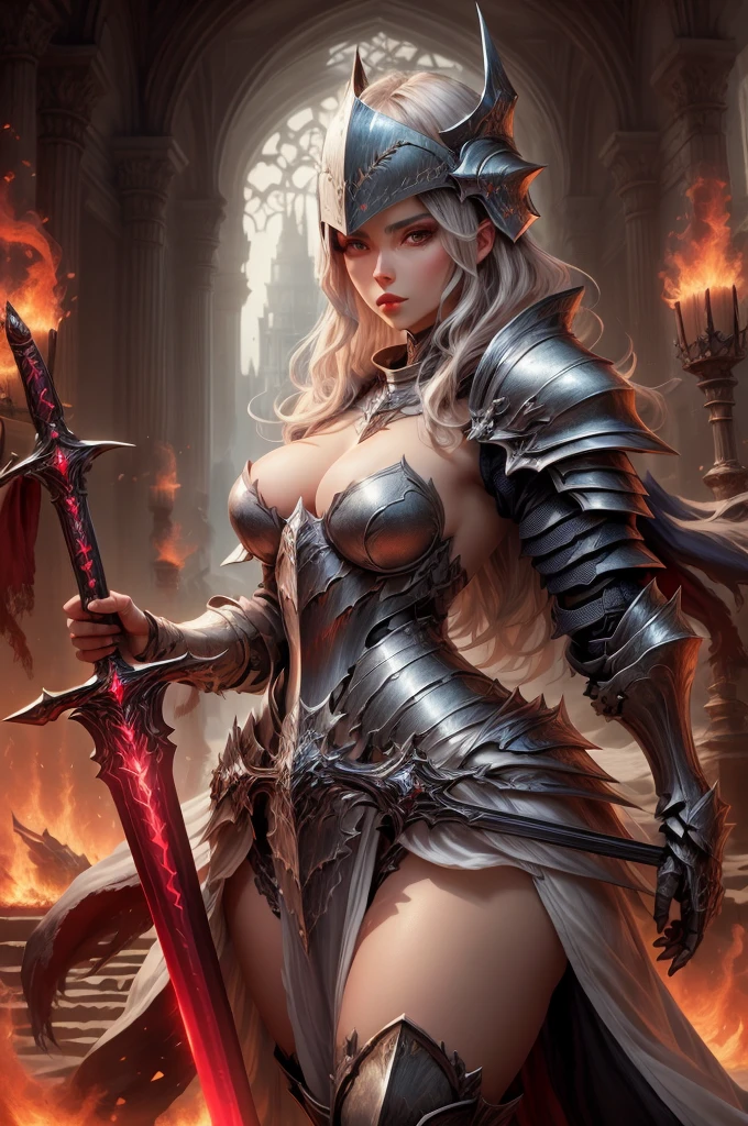 nude woman in armor holding sword , fire and ice swords, knight armor, knight helmet, sexy, nude , big fantasyoman, detailed fantasy art, gorgeous female paladin, portrait knight female, portrait of female , picture of female beautiful female knight, epic fantasy art style, female , of a beautiful female knight, epic exquisite character art, stunning character art, fantasy concept art portrait