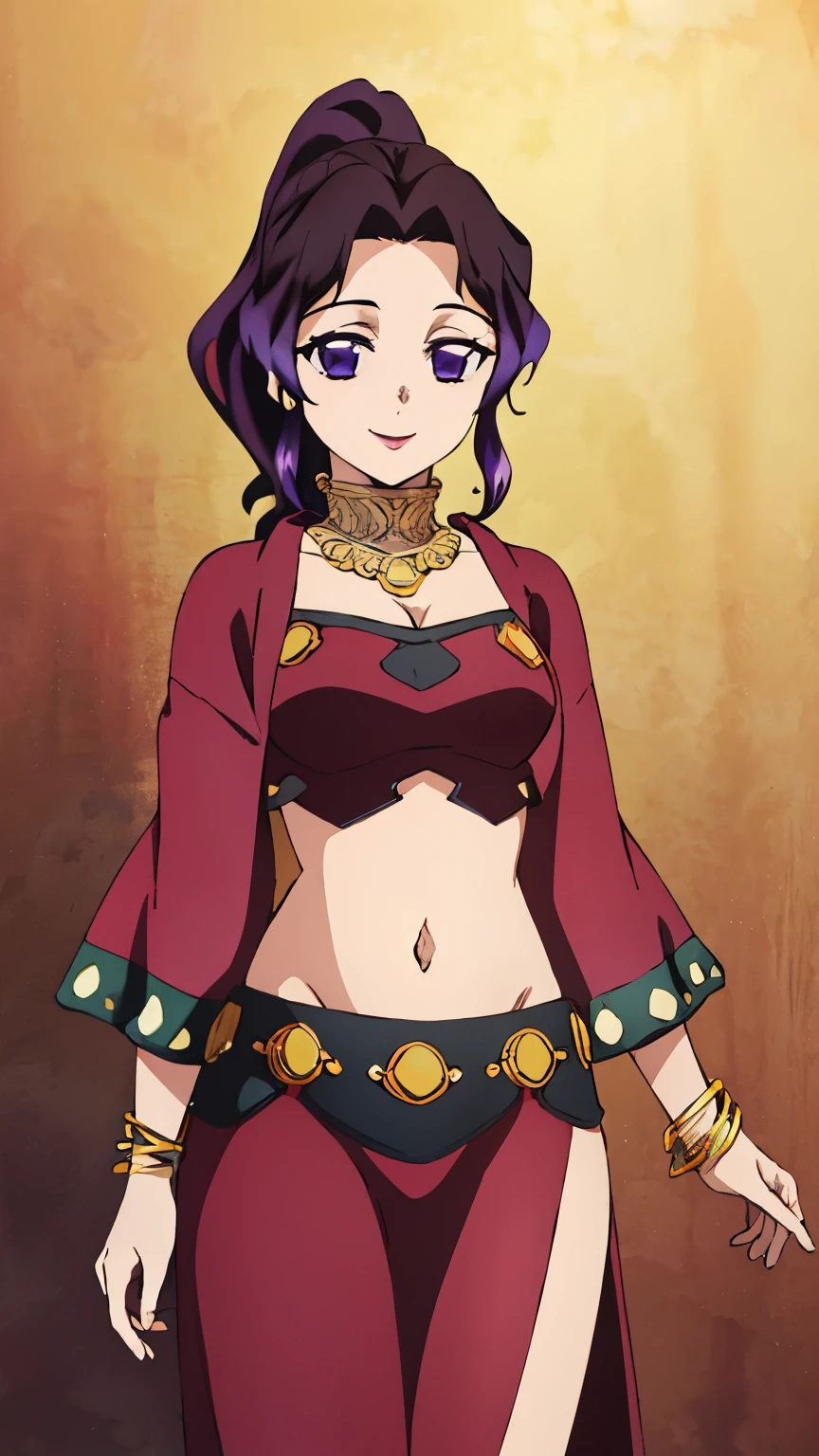 (Top Quality, 8K, High Resolution, Masterpiece: 1.2), Anime, Shinobu Kocho, 1 Girl,solo, Perfect Face, Perfect Eyes, Soft Expression, Medium Breasts, Purple Hair, Short Hair,large butterfly hair clip, Pretty Parted bangs, purple eyes, narrow eyes, ((primrose, ponytail, jewelry, revealing clothes, navel, smile,  cowboy shot)), viewer appreciation,