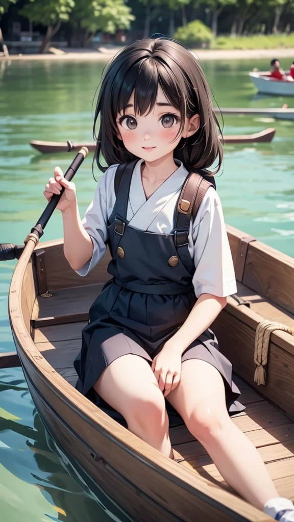 An image of a female boatman in her 20s sitting on a small wooden boat carrying people and rowing on the Nakdong River in Korea.