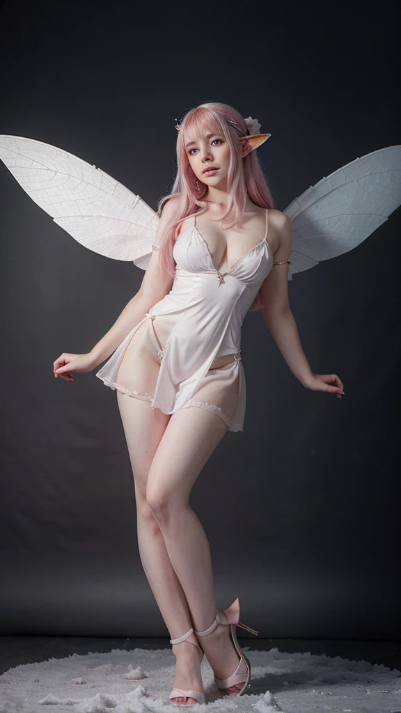 full body photo of a , she is a dwarf, fairy, she has wings, pale skin white as snow, pink hair, pointy ears, wears a little dress, cleavage, big , revealing open chest, wand, she is 3 foot small.