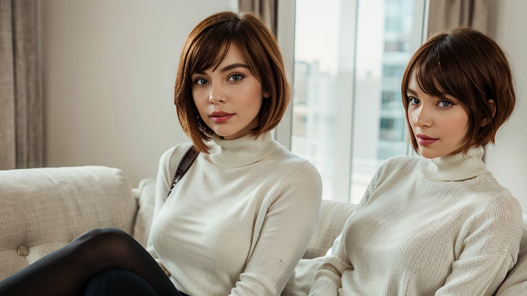 Generate hyper realistic image of a man and woman with short red hair styled in a bob cut with blunt bangs, looking at the viewer with blue eyes and a closed mouth. She is sitting with her head tilted slightly, her own hands together on her lap, wearing a white turtleneck sweater paired with a black hight-waist pencil skirt. She has on shiny red pantyhose and shiny makeup, including pimk lips and clear skin. She is smiling subtly, her nose and red lips highlighted by her makeup, her outfit completed by a black sweater over her turtleneck