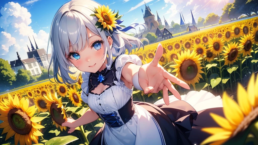 Best quality、Photorealistic、Ultra-detailed、delicate、Orderly、High Detail、Bluish Silver Short Bob、(Drooping heterochromia iris,glowing eyes、Sparkling Eyes:1.3)、slender、(One girl:1.2)、(sun、noon、A sky filled with cumulonimbus clouds、blue sky、Sunflower flower garden、Bursting light、Girl running with open arms、Dynamic Angle、Dutch Angle、:1.3)、Ambient Occlusion、Ambient Light、Ray-traced Reflections、Glow、Shiny Hair、Smiling Girl