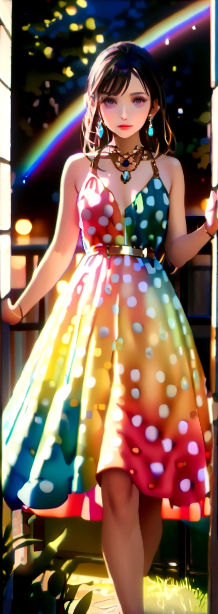 best quality, masterpiece, 1girl, (polka dot dress), (rainbow dress:1.5), hair ornament, necklace, (jewellery:1.8), Beautiful face, small breasts, tyndall effect, photorealistic, rim lighting, two tone lighting, (high detailed skin:1.2), dslr, (spreading light:1.5) soft lighting, high quality, volumetric lighting, candid, in the garden, Photograph, high resolution, 4k, 8k, Bokeh,