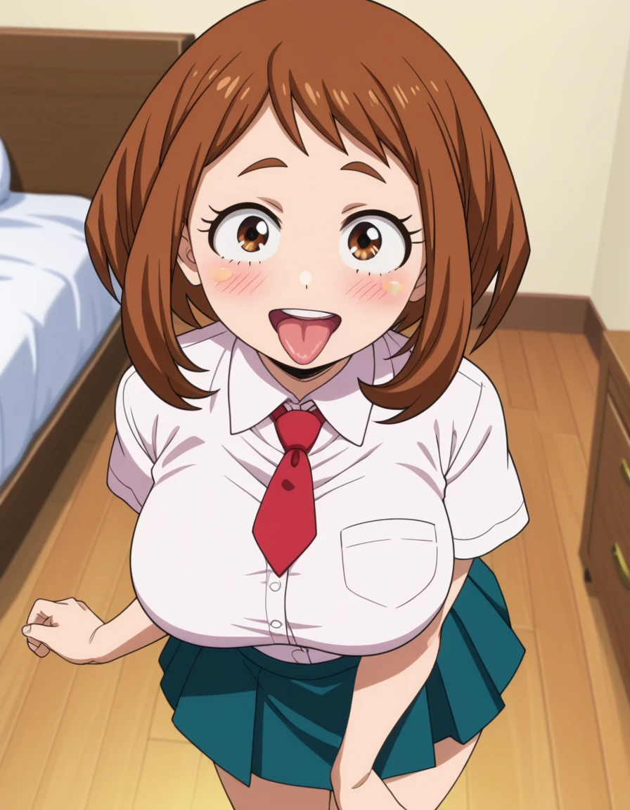 score_6_up, best quality, anime screencap, 1girl, ochako uraraka, brown eyes, brown hair, short hair, skirt, white shirt, red tie, standing, big breasts, smile, looking at viewer, embarrassing, from above, bedroom, blush, tongue out, open mouth 