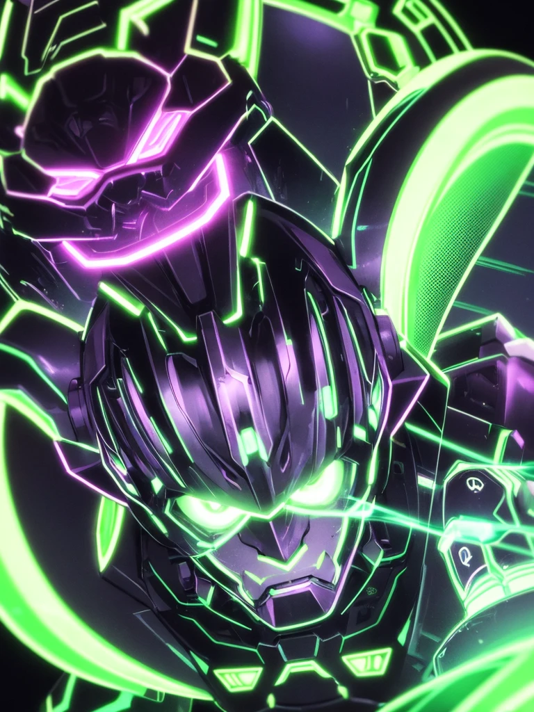  Man face with purple neon lights on a dark background and with a neon green lethal drearm with a determined expression 