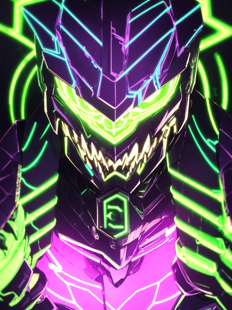  Man face with purple neon lights on a dark background and with a neon green lethal drearm with a determined expression 