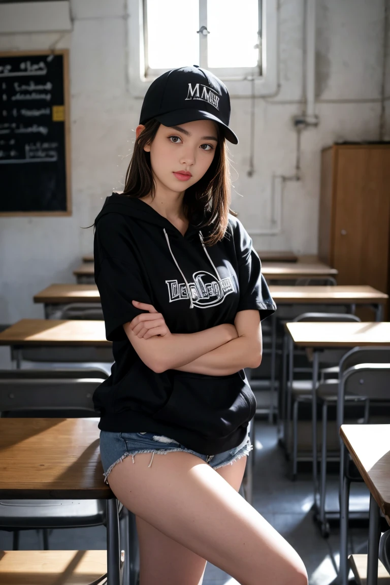 deux femmes ensemble de 18 ans sexy et mince , black short sleeve hoodie , salle de classe, se touche,position sey,sensuel,casquette