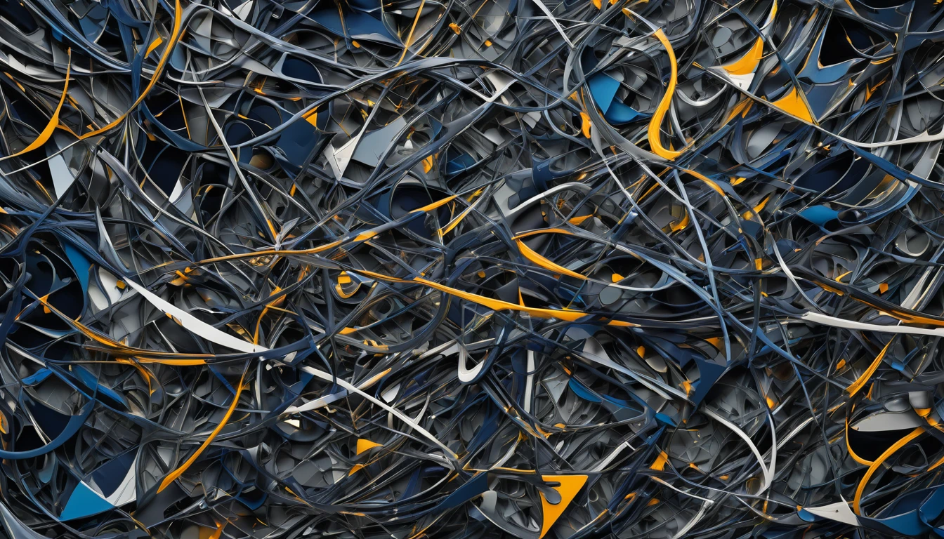 Hyper-realistic cinematic photographic patterns, lighting and ultra-detailed image.
Disorderly and Chaotic Initial World: · Specific Details: Abstract and irregular shapes, without clear definition. Style: Abstract art. Color Palette: Dark shades of black, gray and navy blue. Composition: Chaotic and disorganized, with scattered and overlapping elements. Atmosphere or Emotion: Disorientation and confusion. Visual References: Works by Jackson Pollock, representations of chaos in abstract art. widescreen format image with 4K resolution.