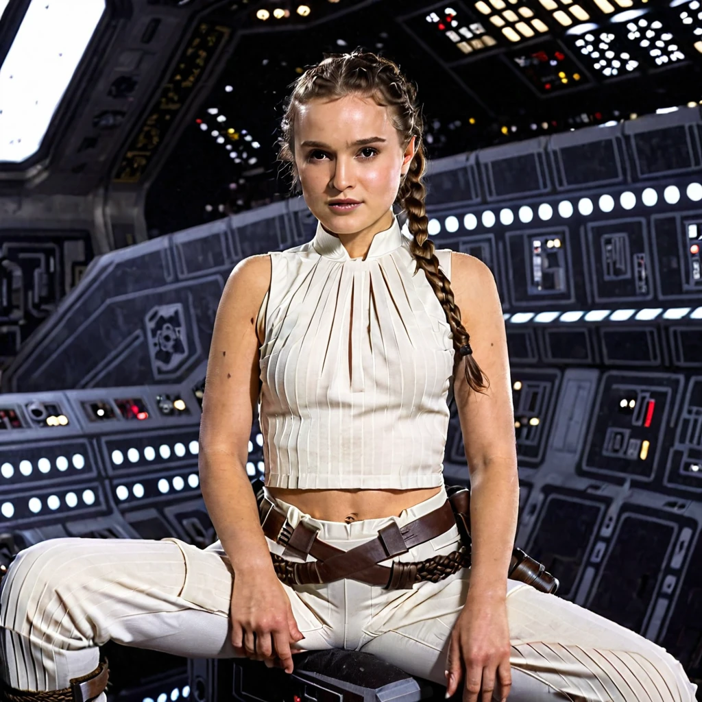 Beautiful Photo of padme woman sitting in a star wars ship,looking at camera,white top and pants, braid ponytail,full body shot,depth of field, dramatic lighting shadow, high quality, solo, high quality