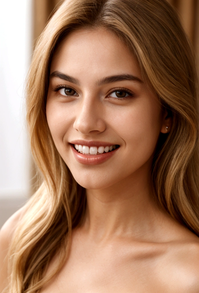 A photorealistic portrait of a young and beautiful 19-year-old woman with light blonde hair, long hair, and brown eyes, American. Epic realism, raw photo, (highly detailed skin:1.2), 8k, DSLR, soft lighting, high quality, film grain, Fujifilm XT3, ultra high resolution, photorealistic:1.4, uhd. The background is blurred to emphasize her face. Her facial features are meticulously detailed: her smooth and clear, slightly tanned skin, well-defined cheekbones, a perfectly shaped nose, a high and smooth forehead, long and thick eyelashes, well-groomed eyebrows, and soft, slightly parted lips. The lighting highlights the natural contours of her face, giving a lifelike and vibrant appearance. She exudes a captivating beauty, with a seductive and alluring expression, sticking her tongue out playfully and giving a fierce, tigress-like look. This dynamic pose makes her appear as a stunning and confident 19-year-old OnlyFans model, radiating sexiness and charisma. She looks very young and shows a full set of beautifully crafted, perfectly aligned teeth, not just the front two, emphasizing her radiant smile and enhancing her overall attractiveness. The teeth are meticulously detailed, with a natural, pearly white shine, showcasing their perfect alignment and pristine condition, similar to professional dental advertisements.