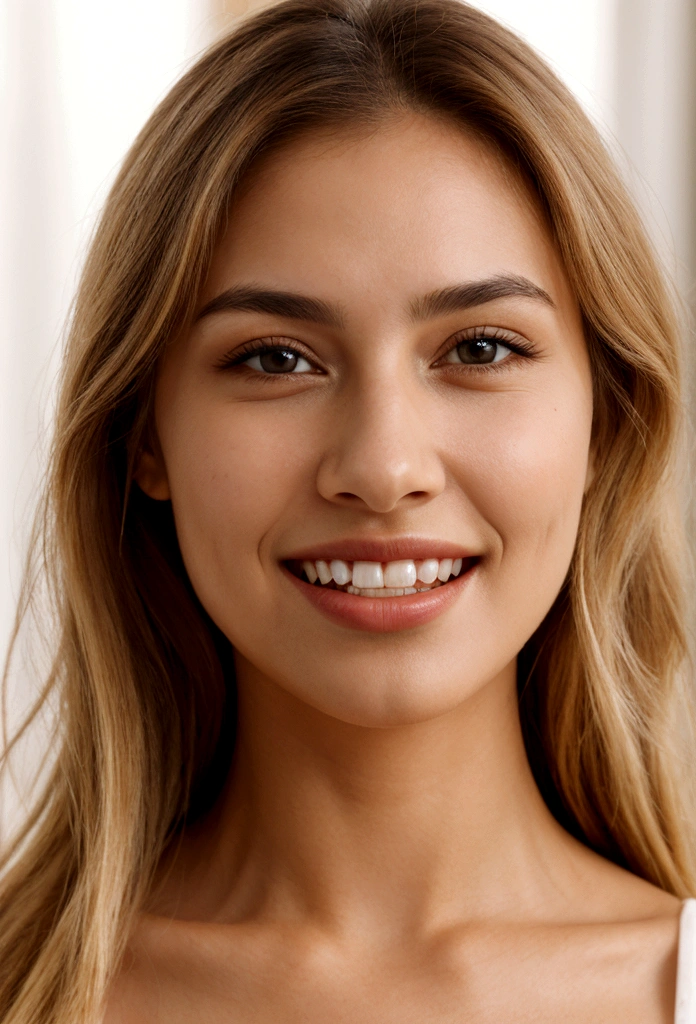 A photorealistic portrait of a young and beautiful 19-year-old woman with light blonde hair, long hair, and brown eyes, American. Epic realism, raw photo, (highly detailed skin:1.2), 8k, DSLR, soft lighting, high quality, film grain, Fujifilm XT3, ultra high resolution, photorealistic:1.4, uhd. The background is blurred to emphasize her face. Her facial features are meticulously detailed: her smooth and clear, slightly tanned skin, well-defined cheekbones, a perfectly shaped nose, a high and smooth forehead, long and thick eyelashes, well-groomed eyebrows, and soft, slightly parted lips. The lighting highlights the natural contours of her face, giving a lifelike and vibrant appearance. She exudes a captivating beauty, with a seductive and alluring expression, sticking her tongue out playfully and giving a fierce, tigress-like look. This dynamic pose makes her appear as a stunning and confident 19-year-old OnlyFans model, radiating sexiness and charisma. She looks very young and shows a full set of beautifully crafted, perfectly aligned teeth, not just the front two, emphasizing her radiant smile and enhancing her overall attractiveness. The teeth are meticulously detailed, with a natural, pearly white shine, showcasing their perfect alignment and pristine condition, similar to professional dental advertisements.