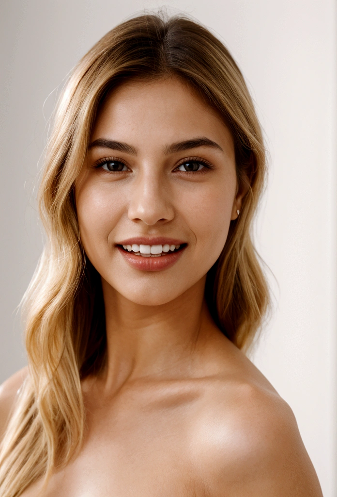 A photorealistic portrait of a young and beautiful 19-year-old woman with light blonde hair, long hair, and brown eyes, American. Epic realism, raw photo, (highly detailed skin:1.2), 8k, DSLR, soft lighting, high quality, film grain, Fujifilm XT3, ultra high resolution, photorealistic:1.4, uhd. The background is blurred to emphasize her face. Her facial features are meticulously detailed: her smooth and clear, slightly tanned skin, well-defined cheekbones, a perfectly shaped nose, a high and smooth forehead, long and thick eyelashes, well-groomed eyebrows, and soft, slightly parted lips. The lighting highlights the natural contours of her face, giving a lifelike and vibrant appearance. She exudes a captivating beauty, with a seductive and alluring expression, sticking her tongue out playfully and giving a fierce, tigress-like look. This dynamic pose makes her appear as a stunning and confident 19-year-old OnlyFans model, radiating sexiness and charisma. She looks very young and shows a full set of beautifully crafted, perfectly aligned teeth, not just the front two, emphasizing her radiant smile and enhancing her overall attractiveness. The teeth are meticulously detailed, with a natural, pearly white shine, showcasing their perfect alignment and pristine condition, similar to professional dental advertisements.