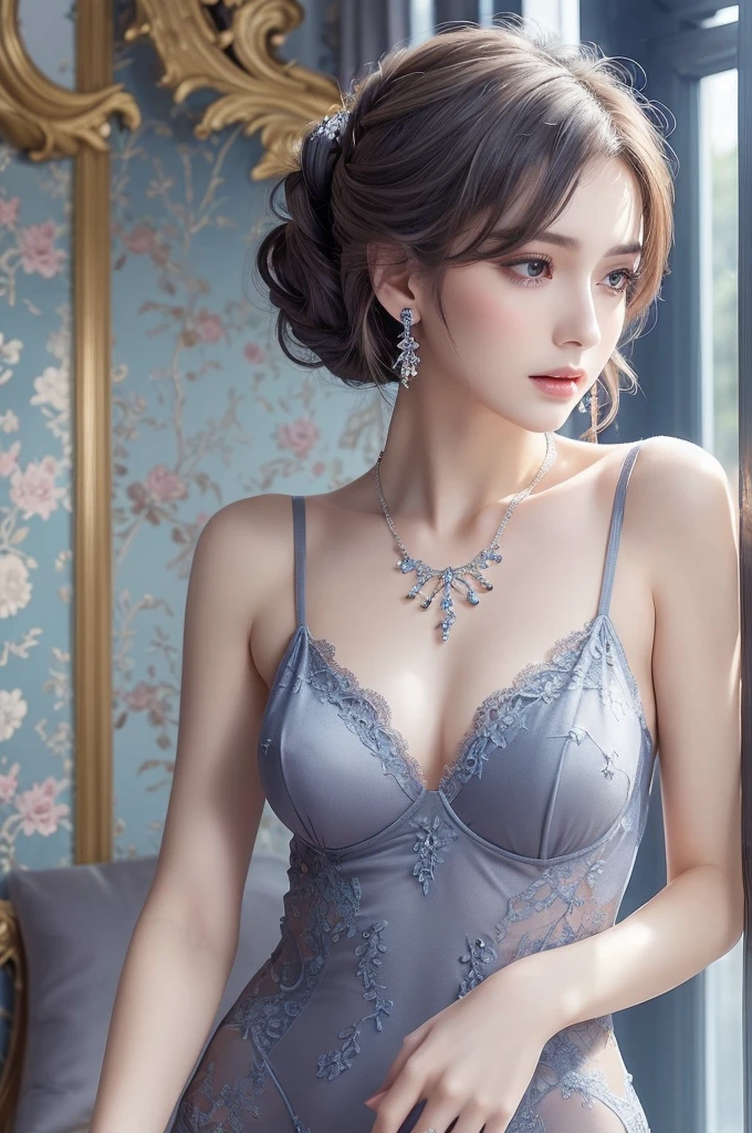 darkblue lace thong&Good, (((Very elegant and beautiful, Perfect detail, Super detailed))), whole body, The most detailed girl, Depth of written boundary, 美しく詳細なwhole body, Thin legs, 1 girl, 30 years old, Very short hair, Spiked Hair, Gray and silver hair, Beautiful detailed hair, Perfect Face, Expressionless, Beautifully detailed deep eyes, Open your mouth a little, Delicate arms and hands, Pale skin, Earrings, Beautiful and gorgeous necklace, Colorful background, HD background, Blurred Background, Very delicate and beautiful, Masterpiece, (((Highest quality, Very beautiful 8K CG wallpaper))), (((Trendy hairstyles))), (Inside the room,Stylish interior,window),