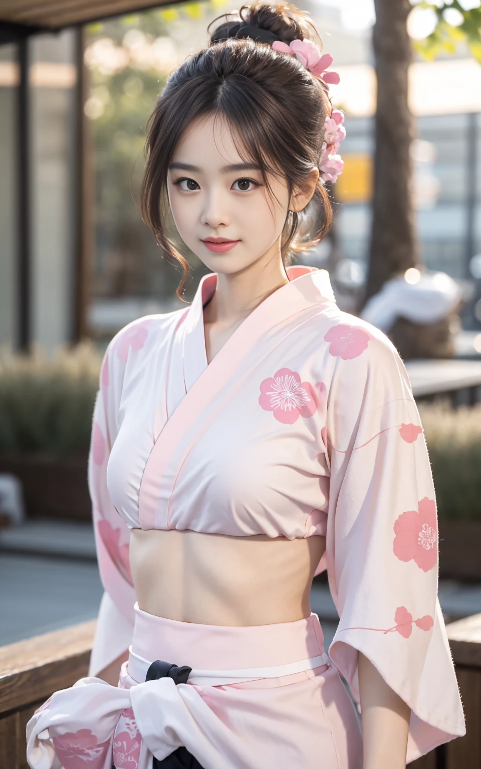 (1ung girl), Extremely cute face, Amazing face and eyes, (Highly detailed eyes, Highly detailed face), fresh, Very clean appearance, (Hyper-realistic, hight resolution), (Best Quality:1.4), Raw photo, (Realistic, Photorealsitic:1.37), Professional Photography, (light pink floral pattern yukata:1.5), (Open yukata), (cleavage:1.2), (Bare shoulders), Smile slightly, (Staring at me), Bedroom, girl portrait,