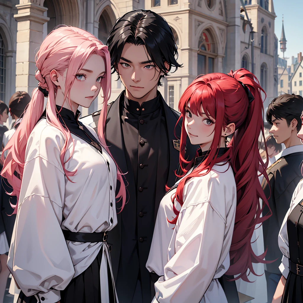 White long-haired man、White shirt、uniform、School Background、Next to me is a black-haired male vampire、The girl next to me with the pink ponytail、The girl next to me has wavy red hair、foursome、Group photo、Medieval Europe