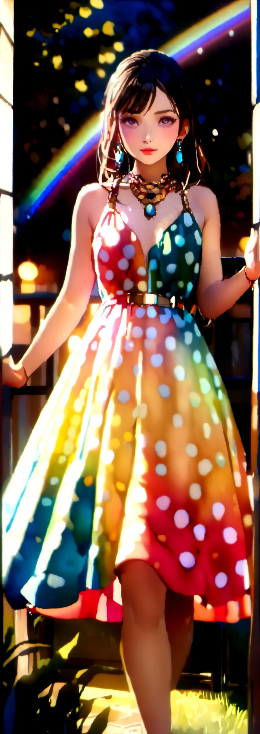 best quality, masterpiece, 1girl, (polka dot dress), (rainbow dress:1.5), hair ornament, necklace, (jewellery:1.8), Beautiful face, small breasts, tyndall effect, photorealistic, rim lighting, two tone lighting, (high detailed skin:1.2), dslr, (spreading light:1.5) soft lighting, high quality, volumetric lighting, candid, in the garden, Photograph, high resolution, 4k, 8k, Bokeh,