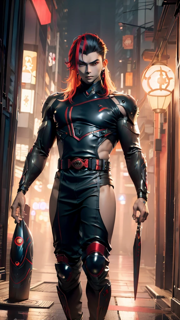 (masterpiece) finest quality, ultra-detailed, ultra-realistic, 20 year old men, piercing glace, cyberpunk outfit, red eye color, futuristic tokyo background, night time, tokyo on fire, rainy weather, long hair,