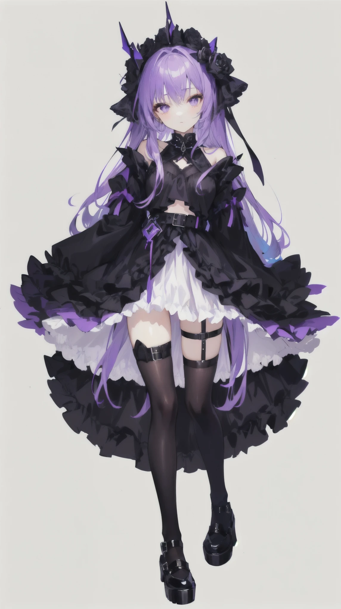 Black and white dresses　Purple Hair　Black Costume　Belt on torso