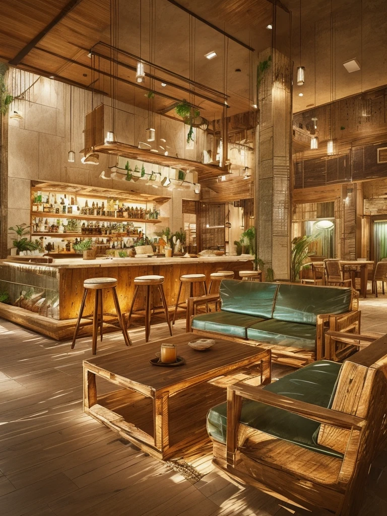 Mediterranean-style bar, rustic wooden furniture, earthy tones, natural stone, colorful tiles, hanging plants, sea view, soft lighting, inviting atmosphere, traditional decor