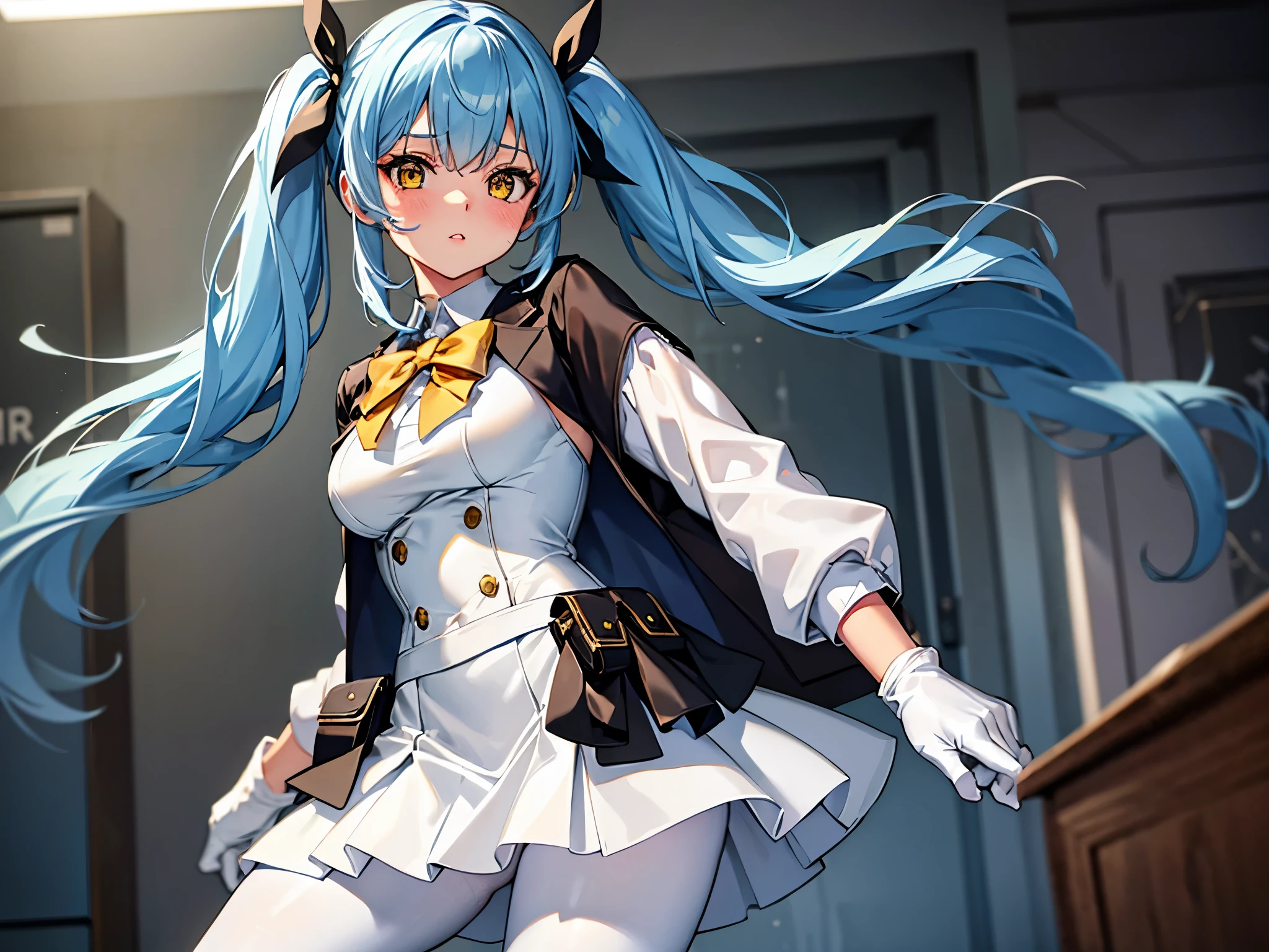 1girl, solo, long hair, breasts, looking at viewer, blush, bangs, skirt, shirt, gloves, long sleeves, twintails, blue hair, standing, jacket, yellow eyes, white shirt, pantyhose, cowboy shot, parted lips, shiny, indoors, white gloves, miniskirt, black skirt, black pantyhose, capelet, white jacket, pencil skirt, shiny clothes, brown pantyhose, white capelet,looking back
