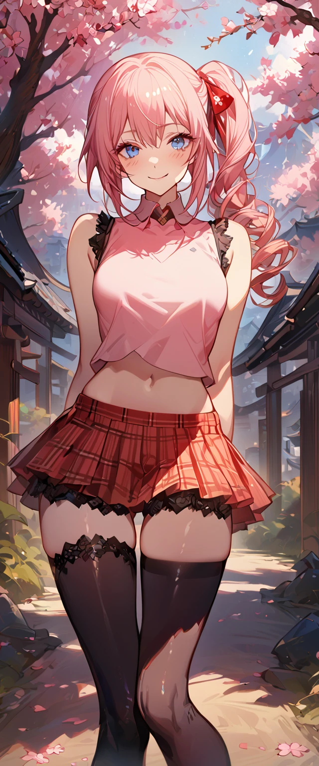 masterpiece, best quality, 8k, 4k, 1girl, (masterpiece, best quality:1.2), 1girl, serah farron, smile, looking at viewer, thin body ,arms behind back, blue eyes, long curly side ponytail to the waist, black diamond-shaped armband, plain white sleeveless shirt, straight collar shirt, midriff, transparent sleeveless pink vest, red plaid-pleated short skirt, black lace under skirt, black thigh-high stockings, ivory ankle boots, finely detailed eyes and detailed face, face detailed, hair detailed, clothes detailed, ((high quality)), extreme detail, Sakura tree, sakura field, inspired by Asukaziye artist : ask, art style : ask