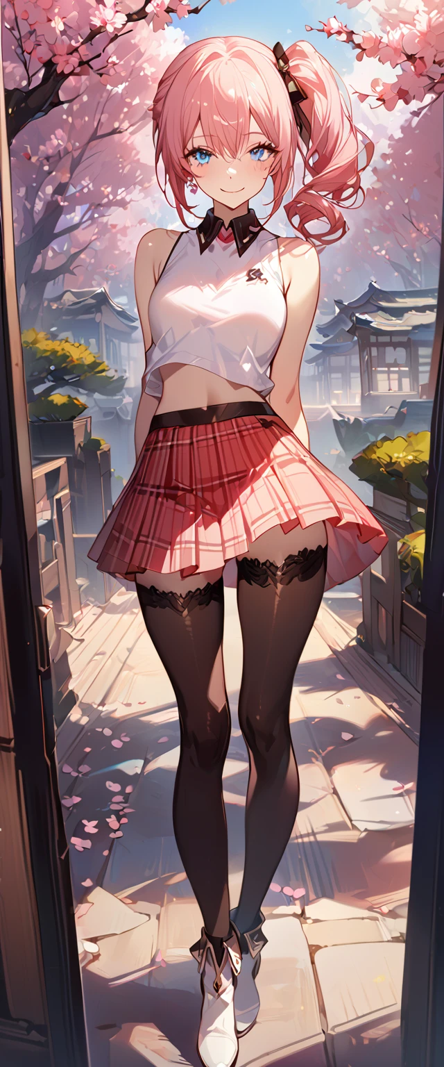 masterpiece, best quality, 8k, 4k, 1girl, (masterpiece, best quality:1.2), 1girl, serah farron, smile, looking at viewer, thin body ,arms behind back, blue eyes, super long curly side ponytail, black diamond-shaped armband, plain white sleeveless shirt with collar, zig-zag button pattern, straight collar shirt, midriff, transparent sleeveless pink jacket, red plaid-pleated short skirt, black lace skirt under, slightly lower skirt, plain black thigh-high stockings, light brown ankle boots, finely detailed eyes and detailed face, face detailed, hair detailed, clothes detailed, ((high quality)), extreme detail, Sakura tree, sakura field, inspired by Asukaziye artist : ask, art style : ask