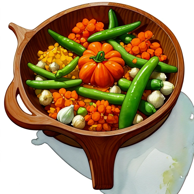 (masterpiece)), ((best quality:1.2)), ((watercolor)), ((vibrant color))), ((minimalist)), surrounded with ((negative space)), ((solid white background)), a wooden tray full of a lot of spices in many different type of container and small jar, cooking spices, turmeric, galangal, red chilies, green chilies, shallots, coriander, lemongrass, cloves, tamarind, garlic, whole grains, green beans, ginger, salt,,((no Clipping)), ((no shadow clipping)), ((no object clipping)), (((solid white background))), very subtle shadow, (perspective view),