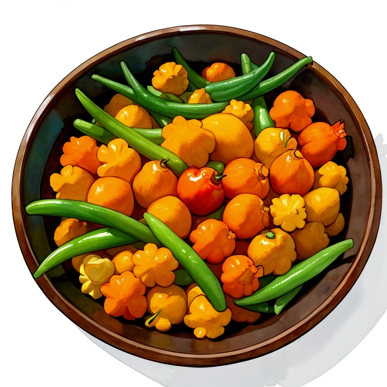 (masterpiece)), ((best quality:1.2)), ((watercolor)), ((vibrant color))), ((minimalist)), surrounded with ((negative space)), ((solid white background)), a wooden tray full of a lot of spices in many different type of container and small jar, cooking spices, turmeric, galangal, red chilies, green chilies, shallots, coriander, lemongrass, cloves, tamarind, garlic, whole grains, green beans, ginger, salt,,((no Clipping)), ((no shadow clipping)), ((no object clipping)), (((solid white background))), very subtle shadow, (perspective view),